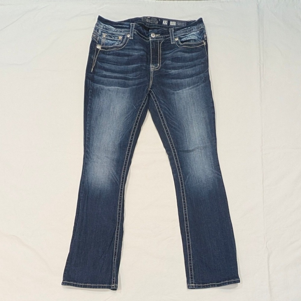 Miss Me Easy Boot Mid Rise Women's Jeans Dark Wash Rhinestone Embroidered 33